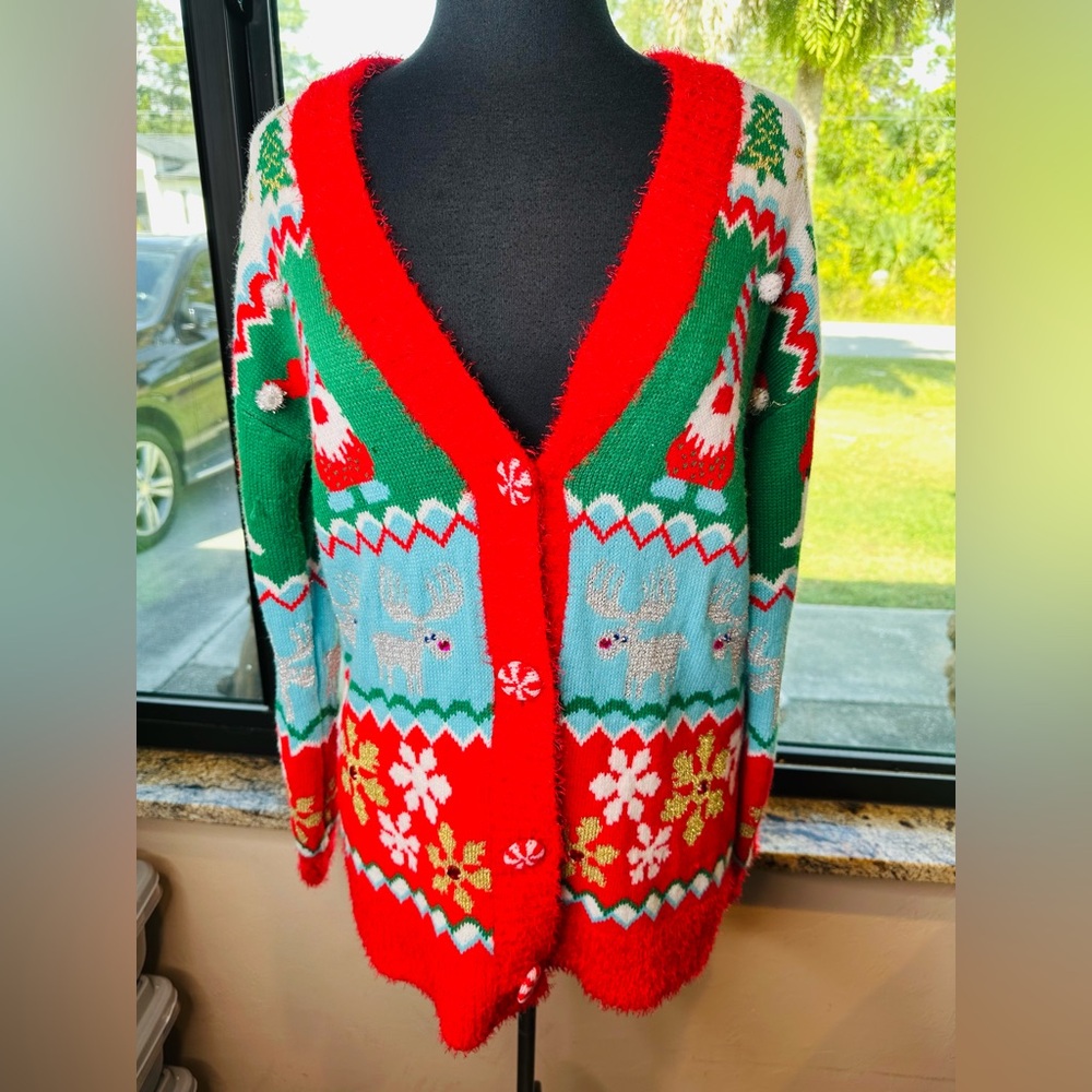 Holiday Time Women's Ugly Christmas Cardigan Gnome Design Size Small 4-6